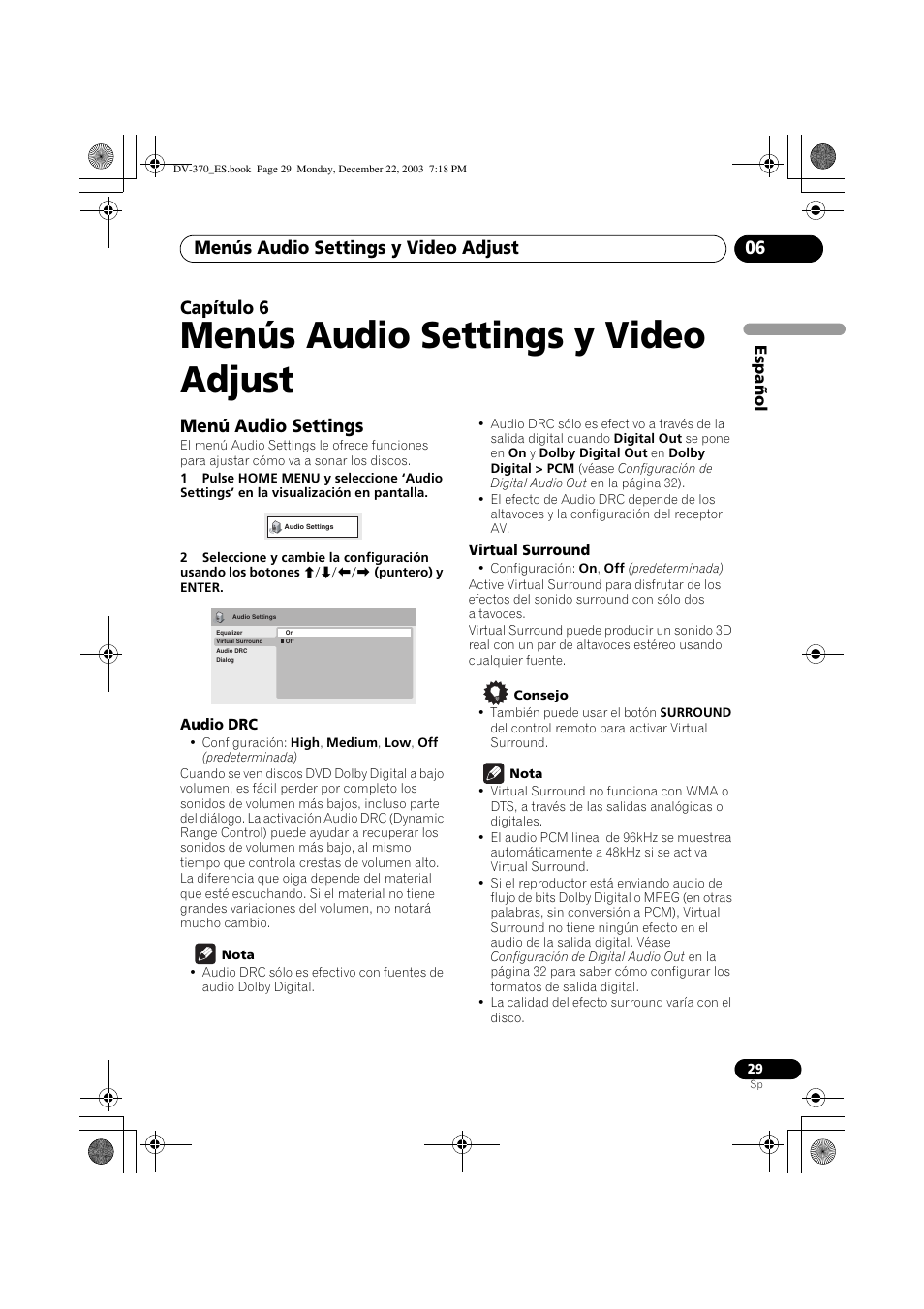 06 menús audio settings y video adjust, Menú audio settings, Menús audio settings y video adjust | Menús audio settings y video adjust 06, Capítulo 6 | Pioneer DV-370-S User Manual | Page 29 / 86