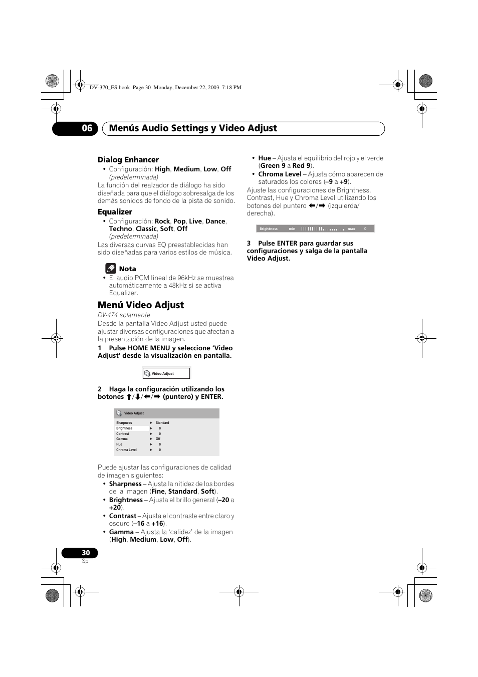 Menú video adjust, Menús audio settings y video adjust 06 | Pioneer DV-370-S User Manual | Page 30 / 86