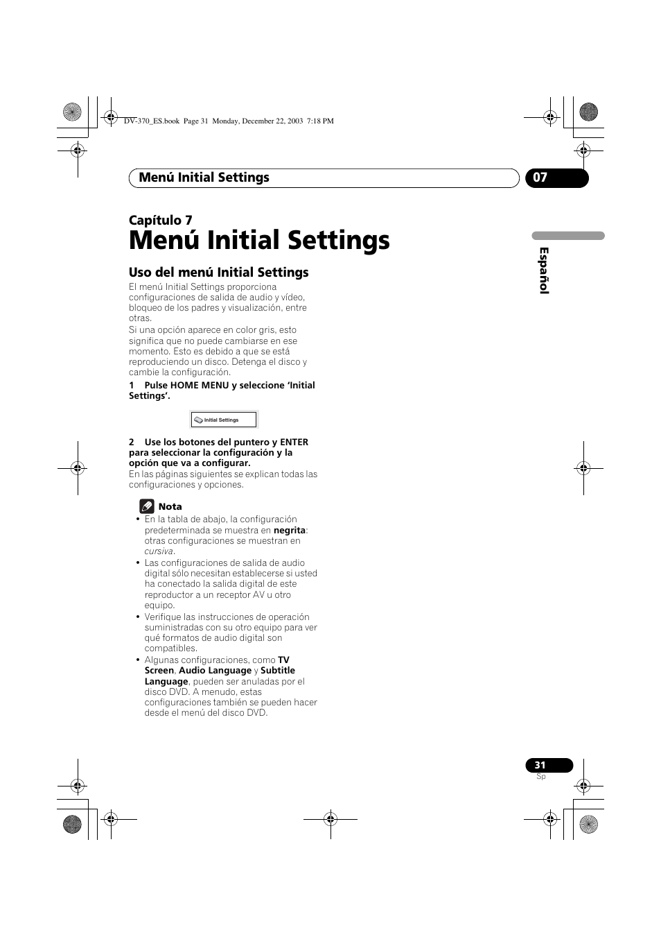 07 menú initial settings, Uso del menú initial settings, Menú initial settings | Menú initial settings 07, Capítulo 7 | Pioneer DV-370-S User Manual | Page 31 / 86