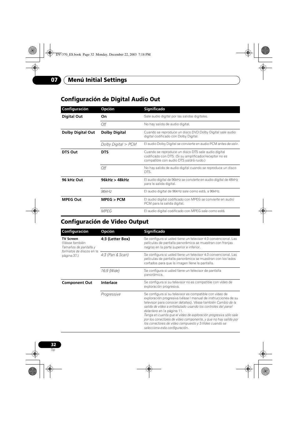 Configuración de digital audio out, Configuración de video output, Menú initial settings 07 | Pioneer DV-370-S User Manual | Page 32 / 86
