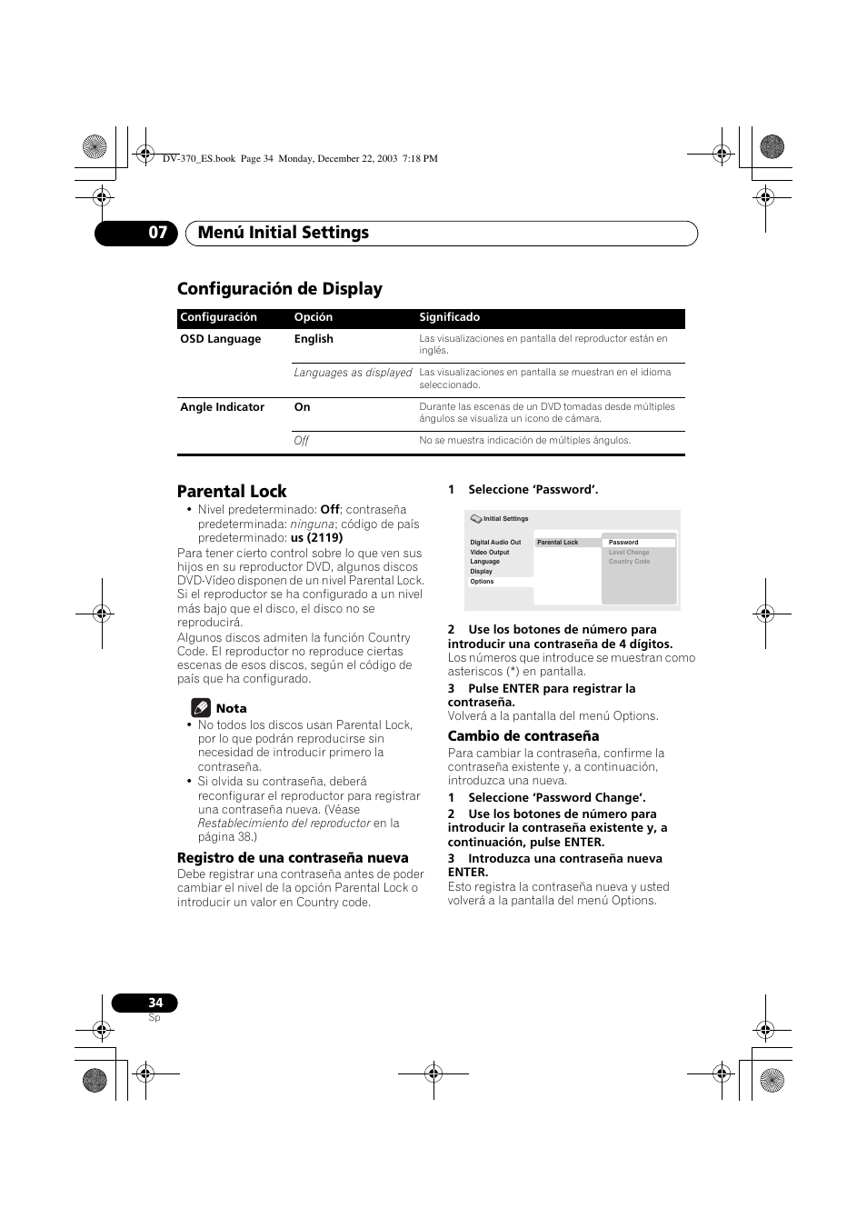 Configuración de display, Parental lock, Menú initial settings 07 | Configuración de display parental lock | Pioneer DV-370-S User Manual | Page 34 / 86