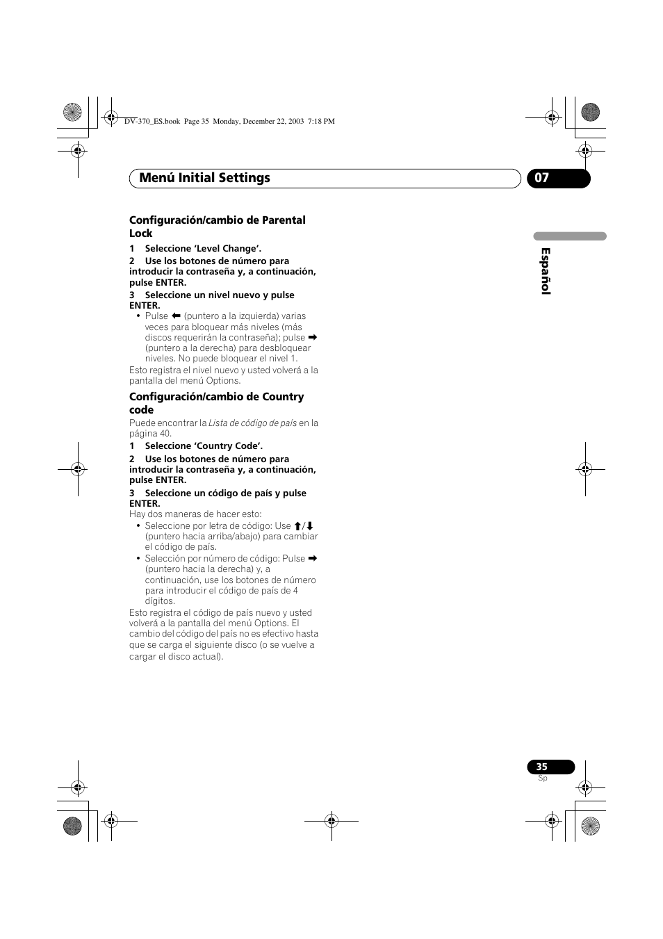 Menú initial settings 07 | Pioneer DV-370-S User Manual | Page 35 / 86