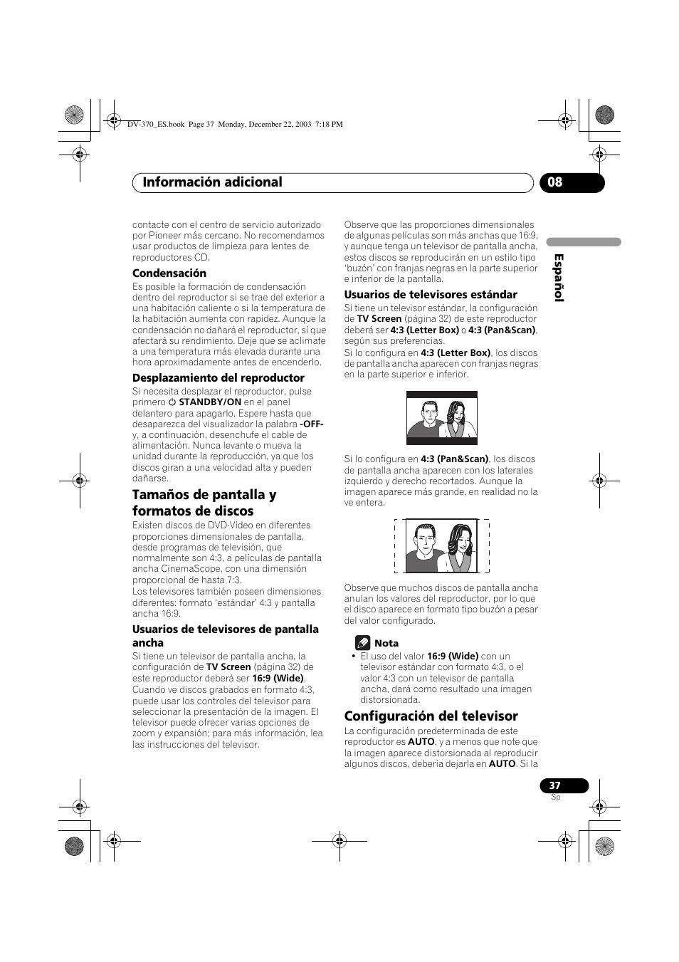 Tamaños de pantalla y formatos de discos, Configuración del televisor, Información adicional 08 | Pioneer DV-370-S User Manual | Page 37 / 86