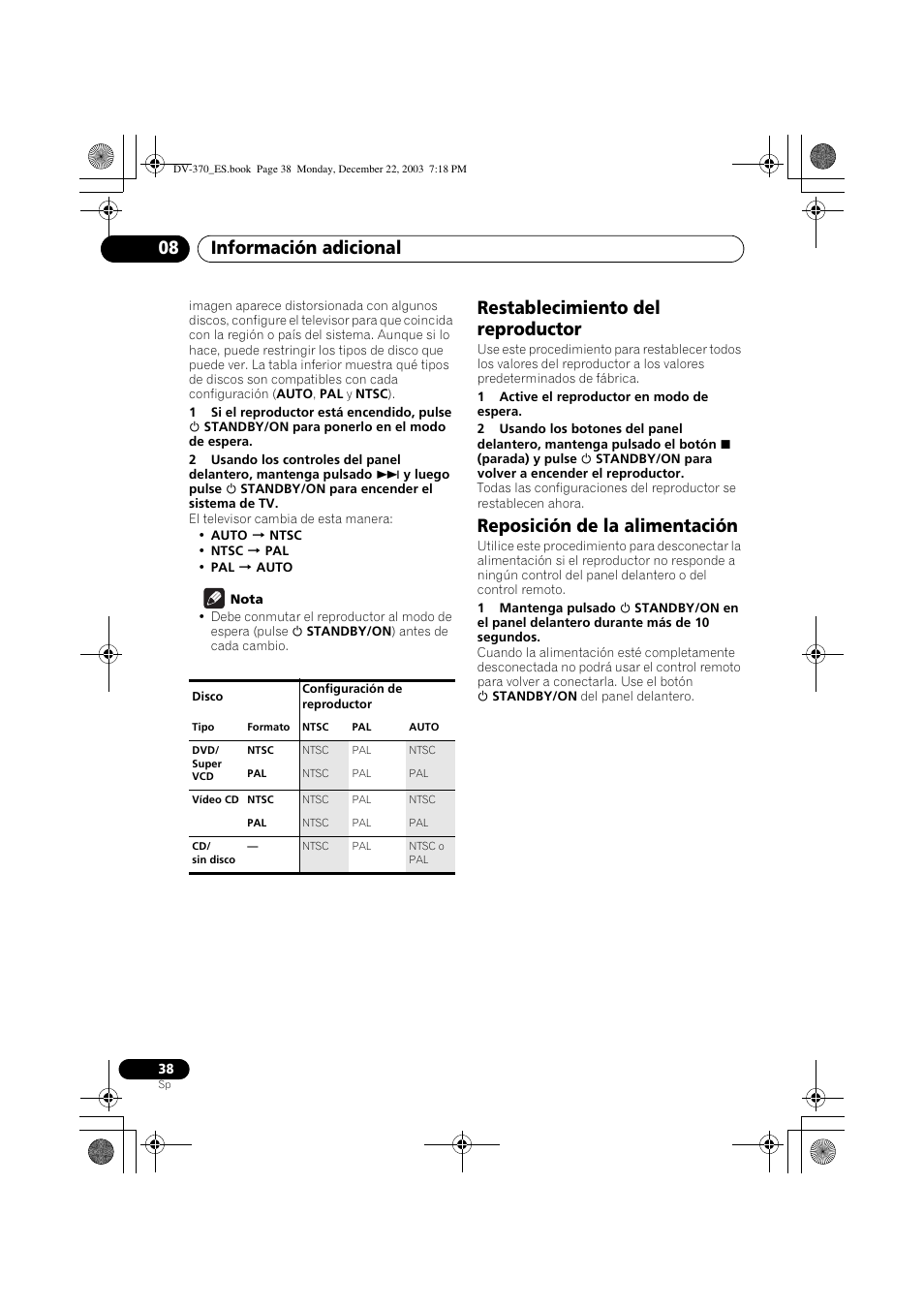Restablecimiento del reproductor, Reposición de la alimentación, Información adicional 08 | Pioneer DV-370-S User Manual | Page 38 / 86