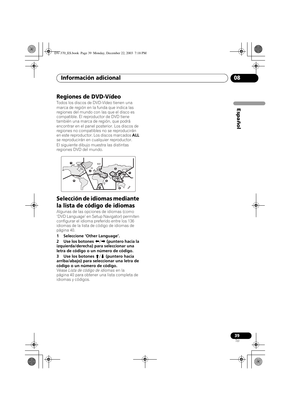 Regiones de dvd-vídeo, Información adicional 08, Espa ñol | Pioneer DV-370-S User Manual | Page 39 / 86