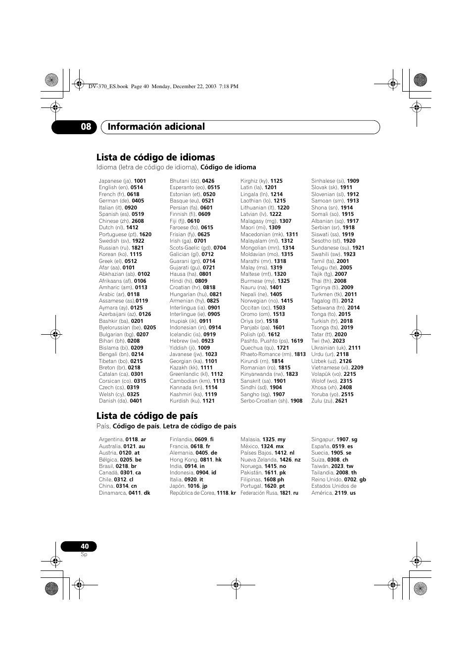Lista de código de idiomas, Lista de código de país, Información adicional 08 | Pioneer DV-370-S User Manual | Page 40 / 86