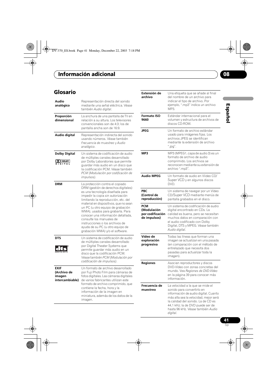 Glosario, Información adicional 08, Espa ñol | Pioneer DV-370-S User Manual | Page 41 / 86