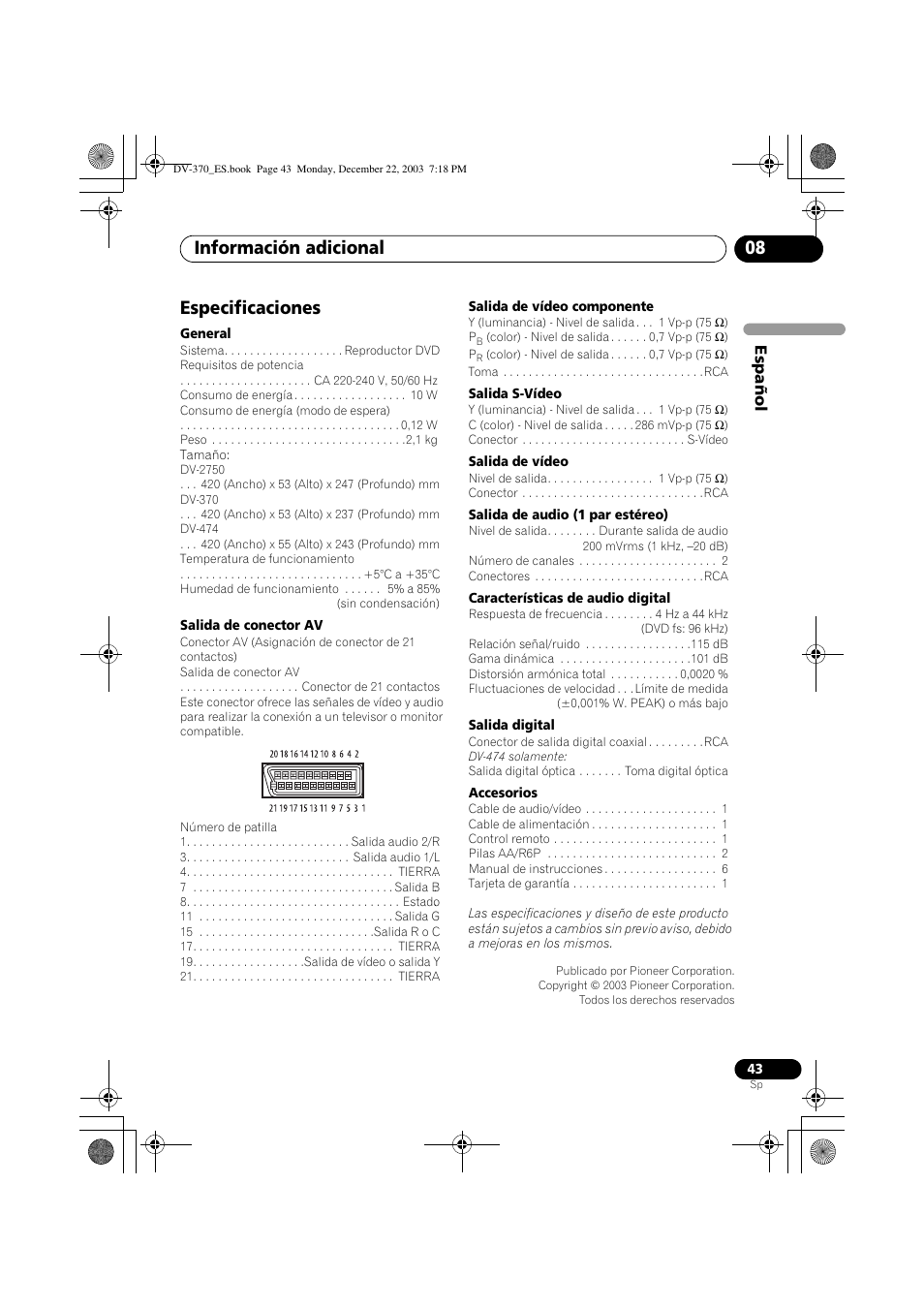 Especificaciones, Información adicional 08 | Pioneer DV-370-S User Manual | Page 43 / 86