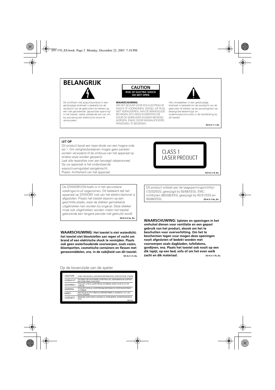Belangrijk, Class 1 laser product, Caution | Pioneer DV-370-S User Manual | Page 44 / 86