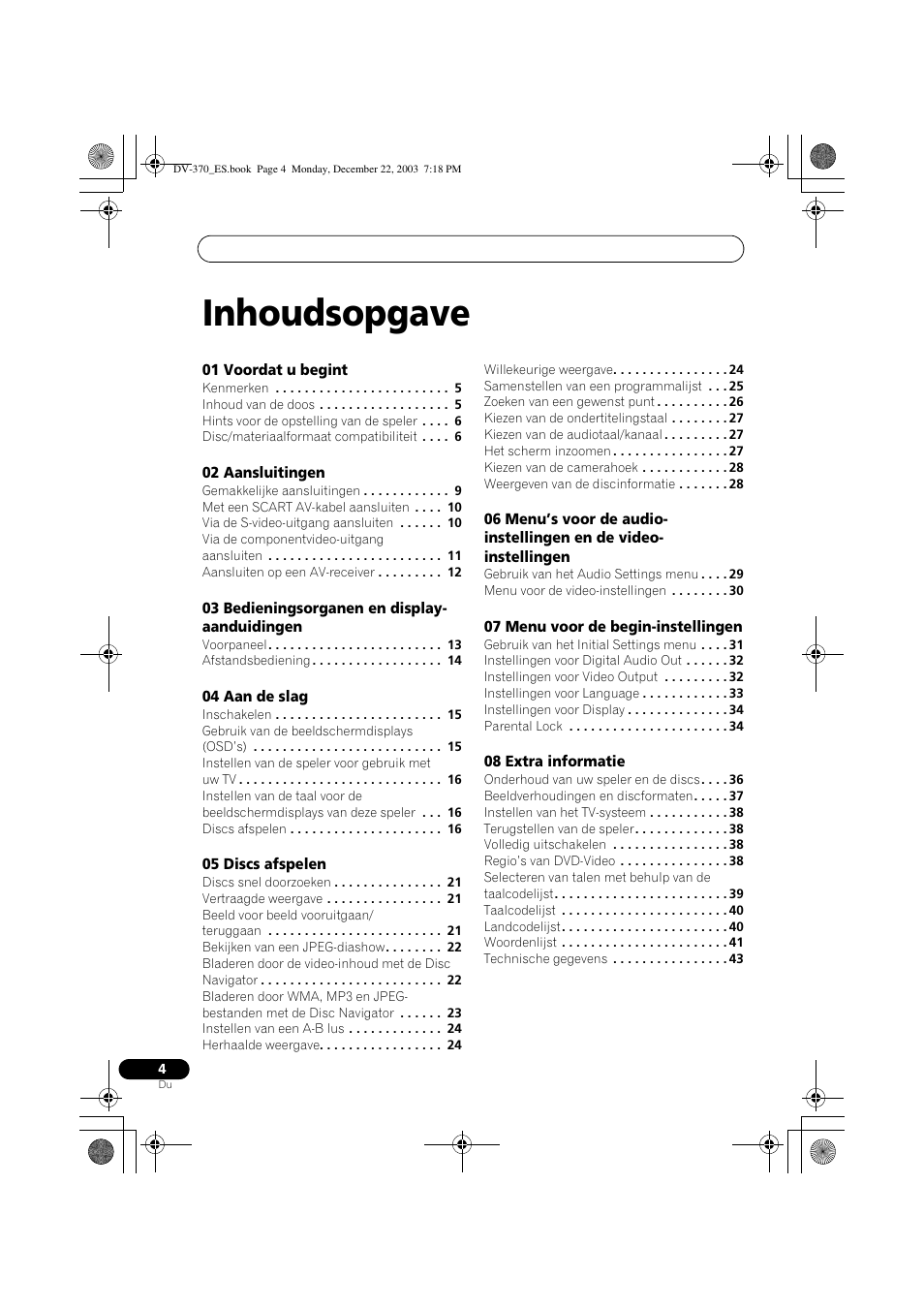Gebruiksaanwijzing, Inhoudsopgave | Pioneer DV-370-S User Manual | Page 46 / 86
