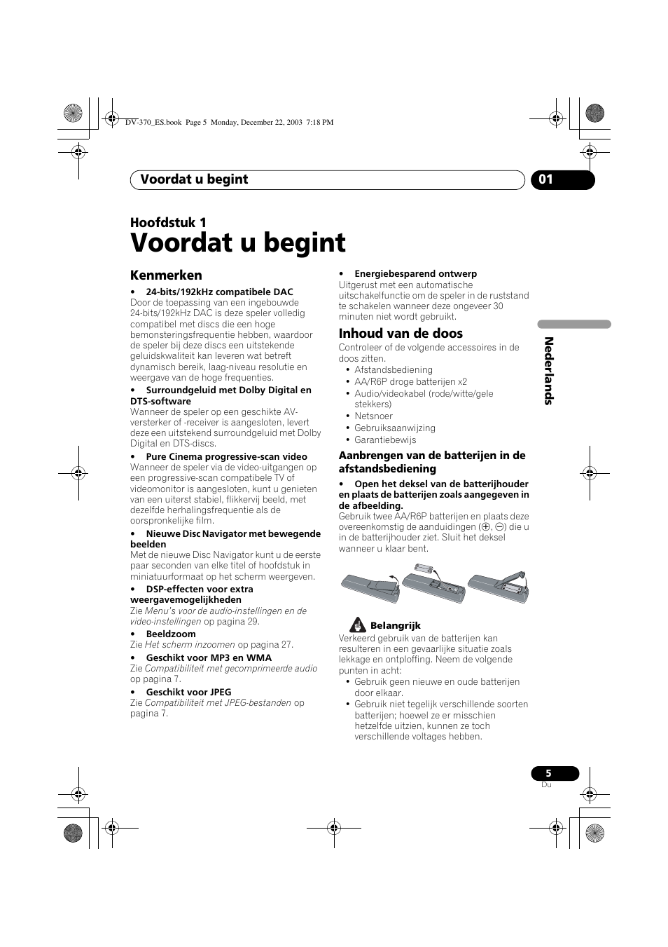 01 voordat u begint, Kenmerken, Inhoud van de doos | Voordat u begint, Voordat u begint 01, Hoofdstuk 1 | Pioneer DV-370-S User Manual | Page 47 / 86