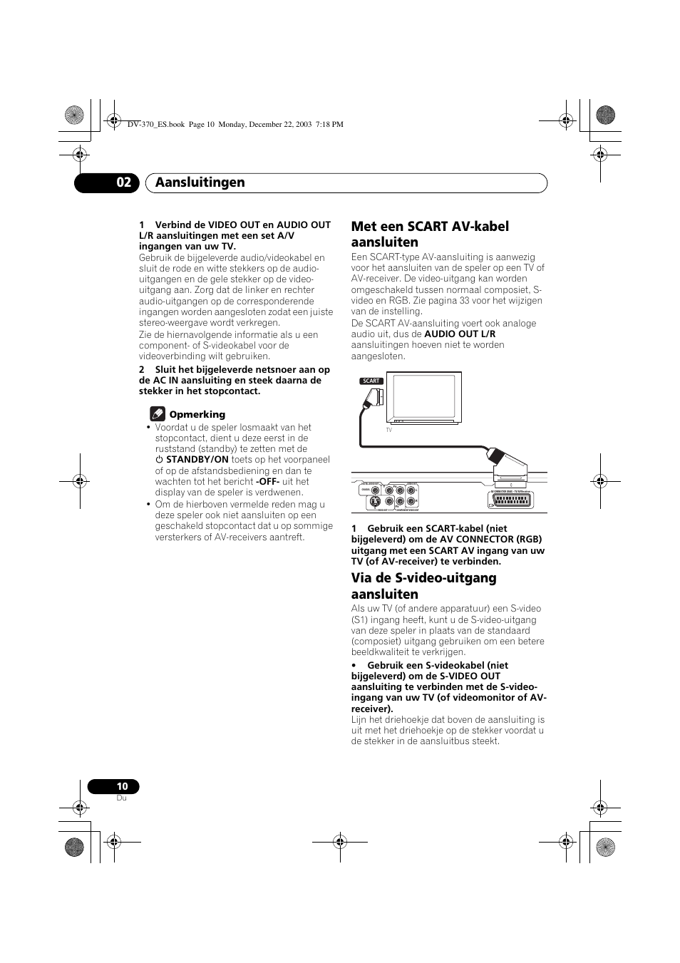 Met een scart av-kabel aansluiten, Via de s-video-uitgang aansluiten, Aansluitingen 02 | Pioneer DV-370-S User Manual | Page 52 / 86