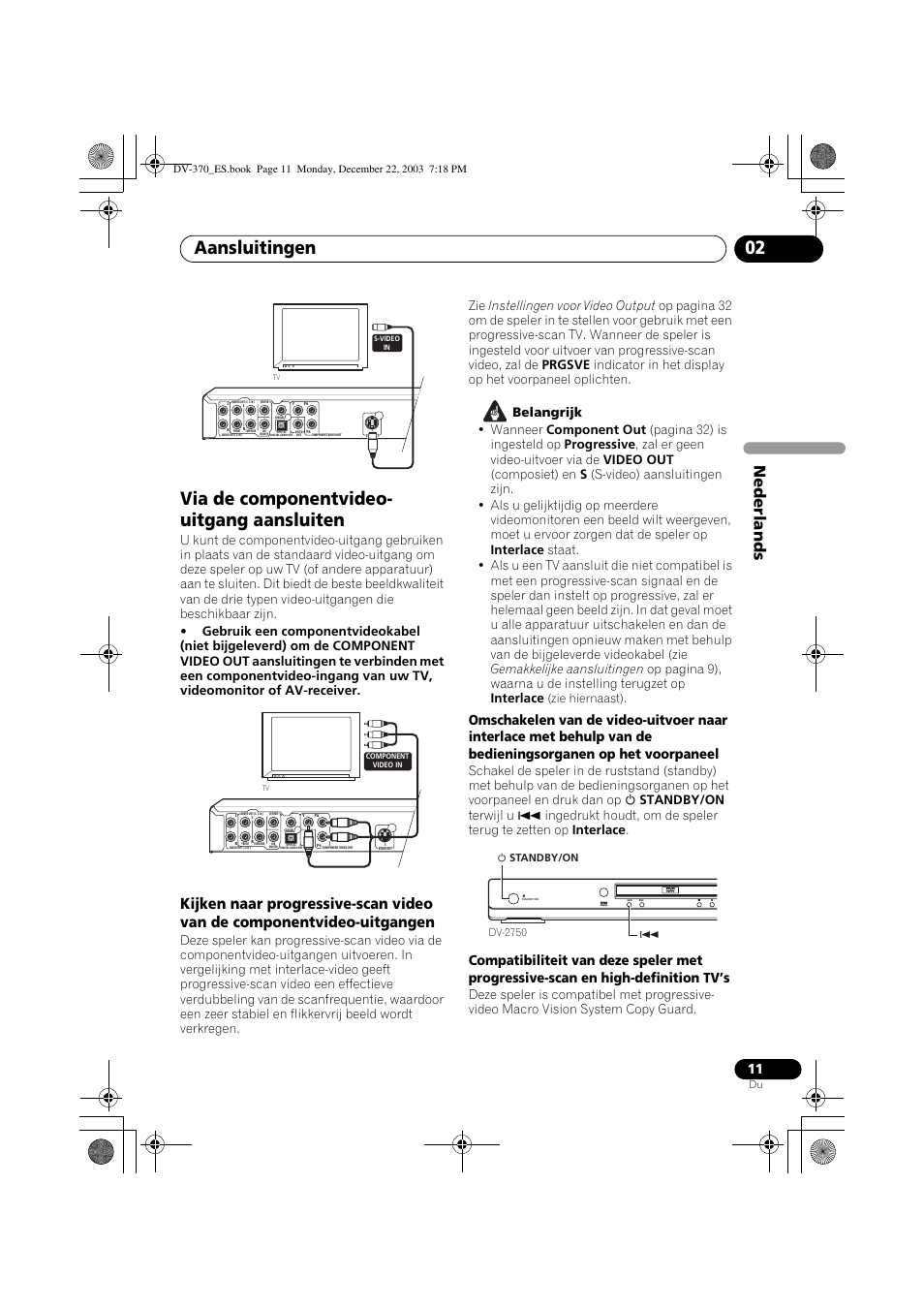 Via de componentvideo-uitgang aansluiten, Aansluitingen 02, Via de componentvideo- uitgang aansluiten | Nede rlands, Zie hiernaast) | Pioneer DV-370-S User Manual | Page 53 / 86
