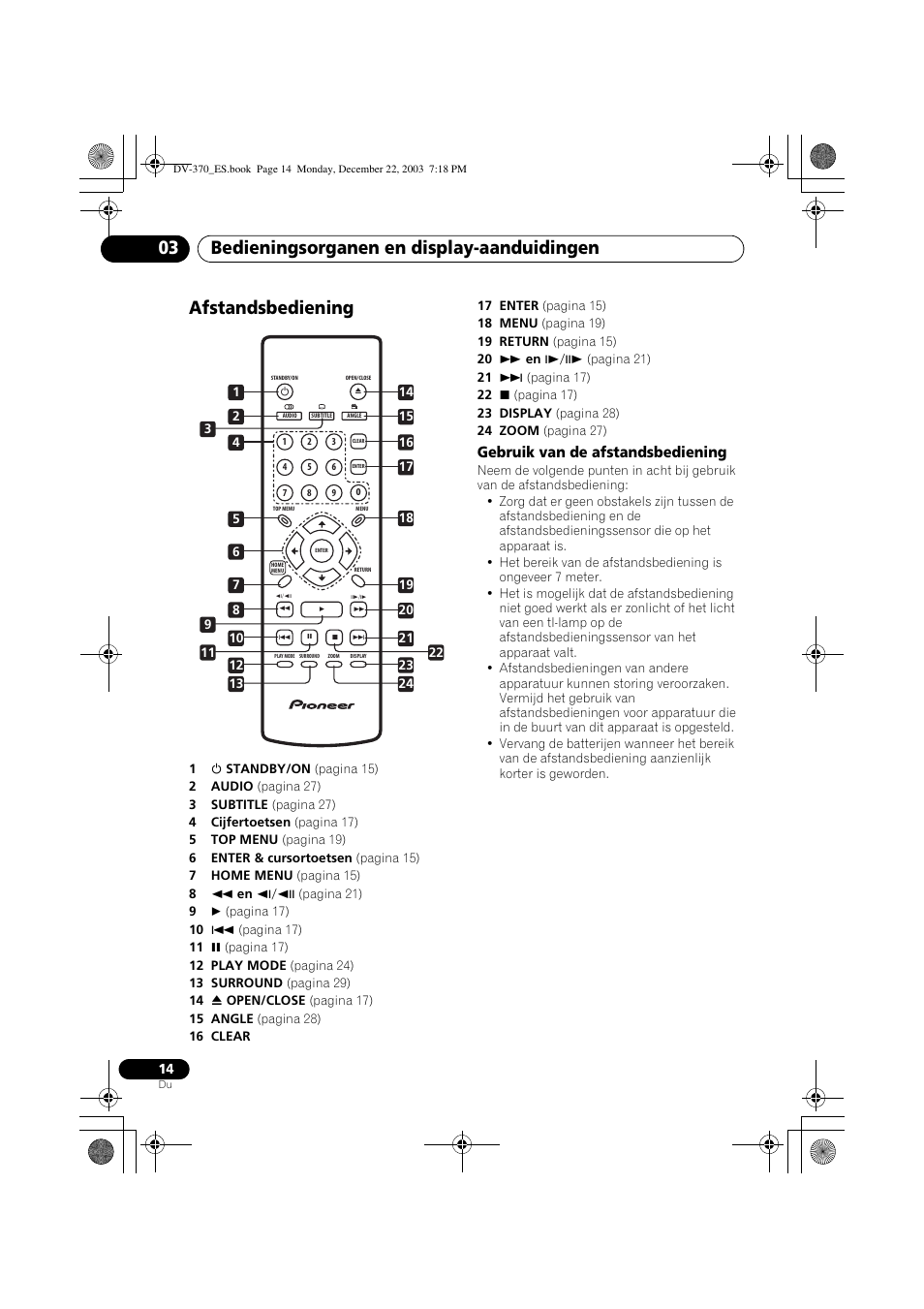 Afstandsbediening, Bedieningsorganen en display-aanduidingen 03 | Pioneer DV-370-S User Manual | Page 56 / 86