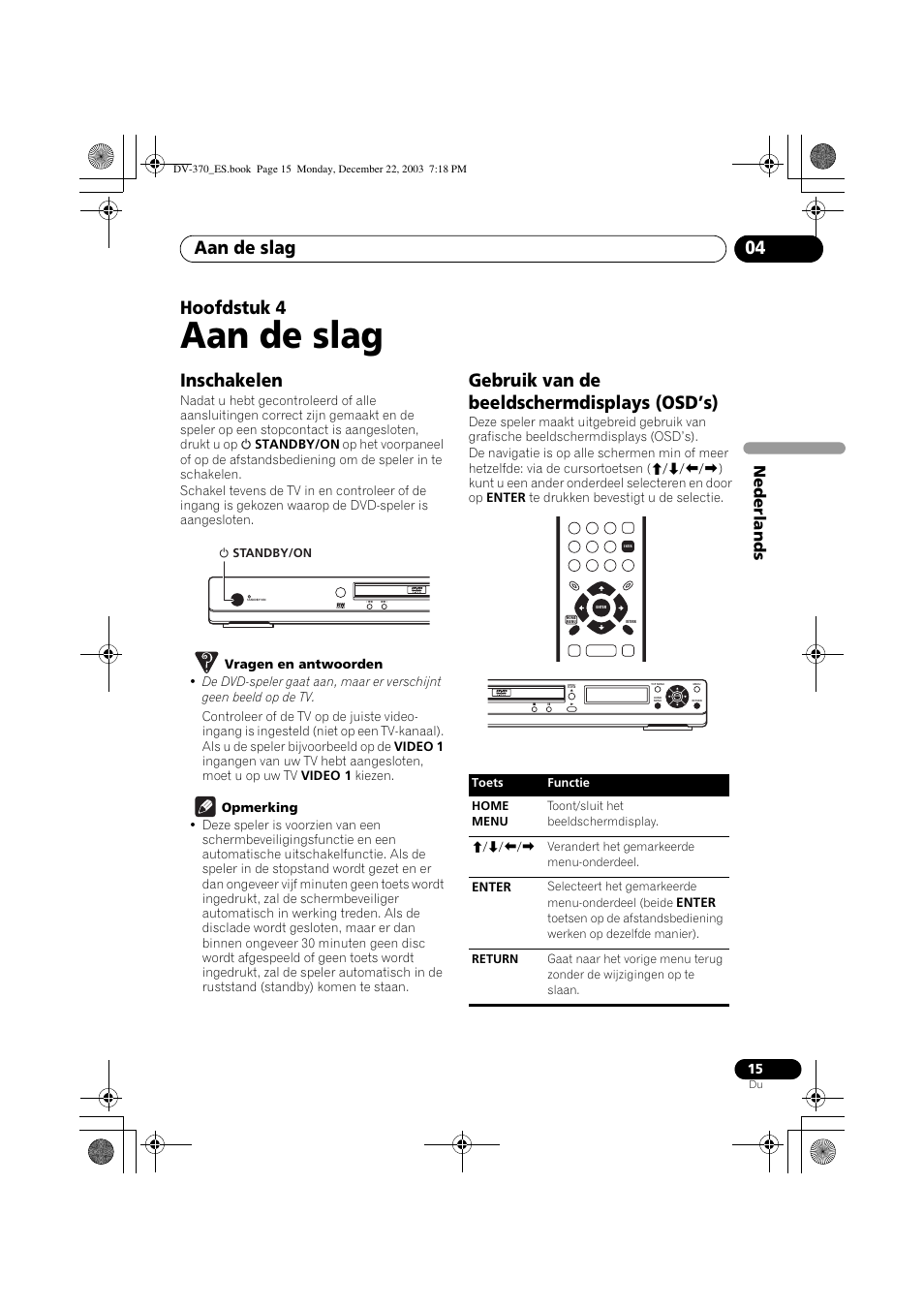 04 aan de slag, Inschakelen, Gebruik van de beeldschermdisplays (osd’s) | Aan de slag, Aan de slag 04, Hoofdstuk 4, Nede rlands | Pioneer DV-370-S User Manual | Page 57 / 86