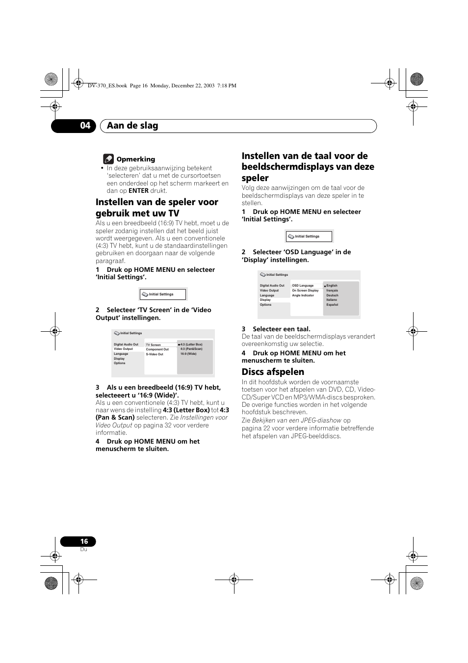 Instellen van de speler voor gebruik met uw tv, Discs afspelen, Aan de slag 04 | Pioneer DV-370-S User Manual | Page 58 / 86