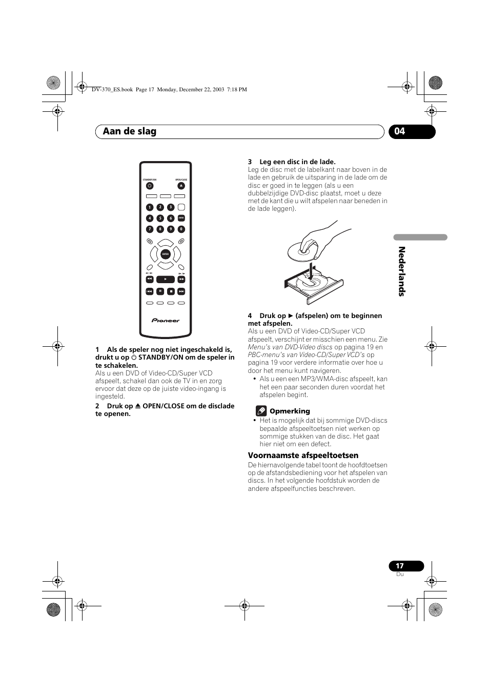 Aan de slag 04, Nede rlands, Voornaamste afspeeltoetsen | Pioneer DV-370-S User Manual | Page 59 / 86