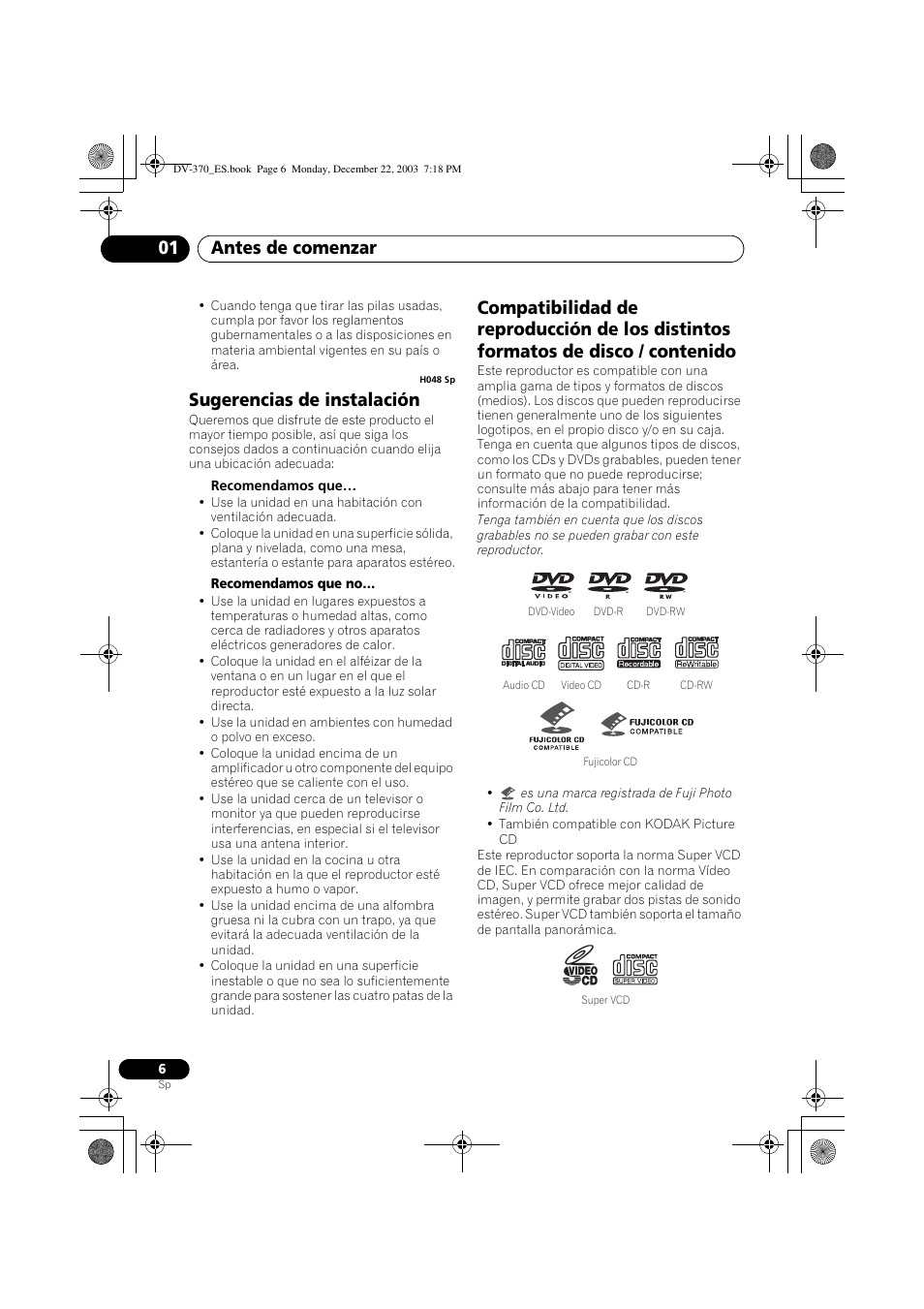 Sugerencias de instalación, Antes de comenzar 01 | Pioneer DV-370-S User Manual | Page 6 / 86