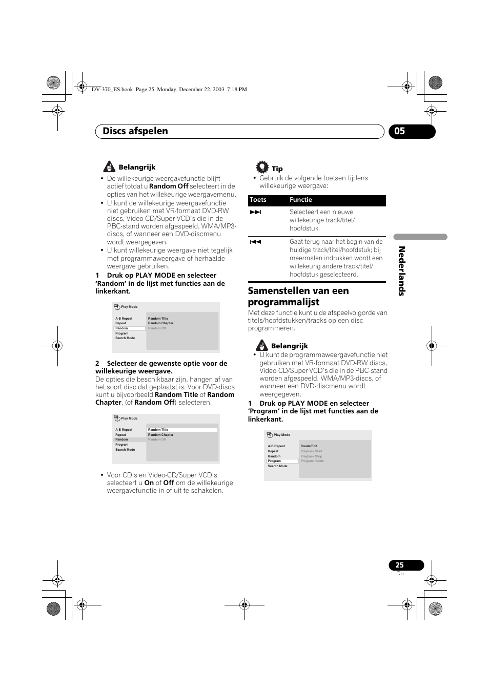Samenstellen van een programmalijst, Discs afspelen 05, Nede rlands | Pioneer DV-370-S User Manual | Page 67 / 86