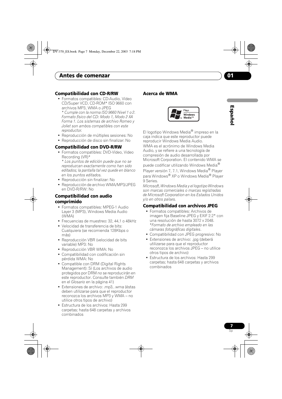 Antes de comenzar 01 | Pioneer DV-370-S User Manual | Page 7 / 86