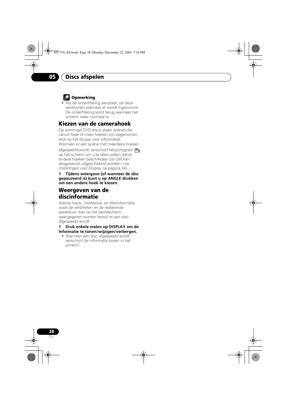 Kiezen van de camerahoek, Weergeven van de discinformatie, Discs afspelen 05 | Pioneer DV-370-S User Manual | Page 70 / 86