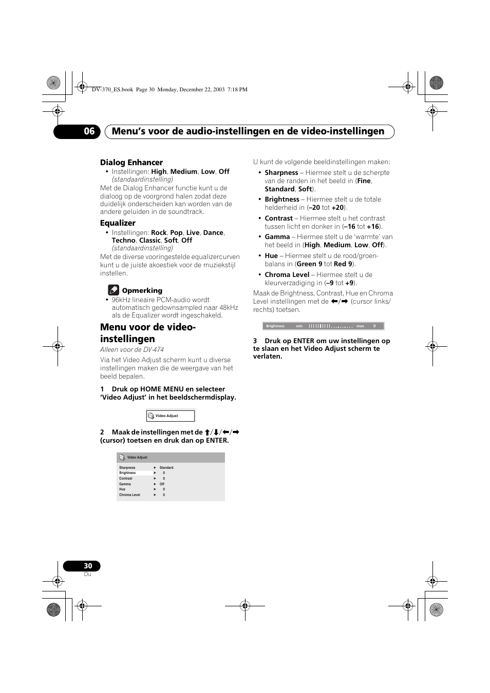 Menu voor de video-instellingen, Menu voor de video- instellingen | Pioneer DV-370-S User Manual | Page 72 / 86