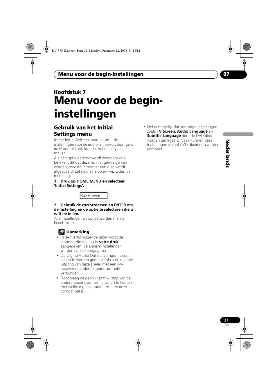 07 menu voor de begin-instellingen, Gebruik van het initial settings menu, Menu voor de begin- instellingen | Menu voor de begin-instellingen 07, Hoofdstuk 7 | Pioneer DV-370-S User Manual | Page 73 / 86