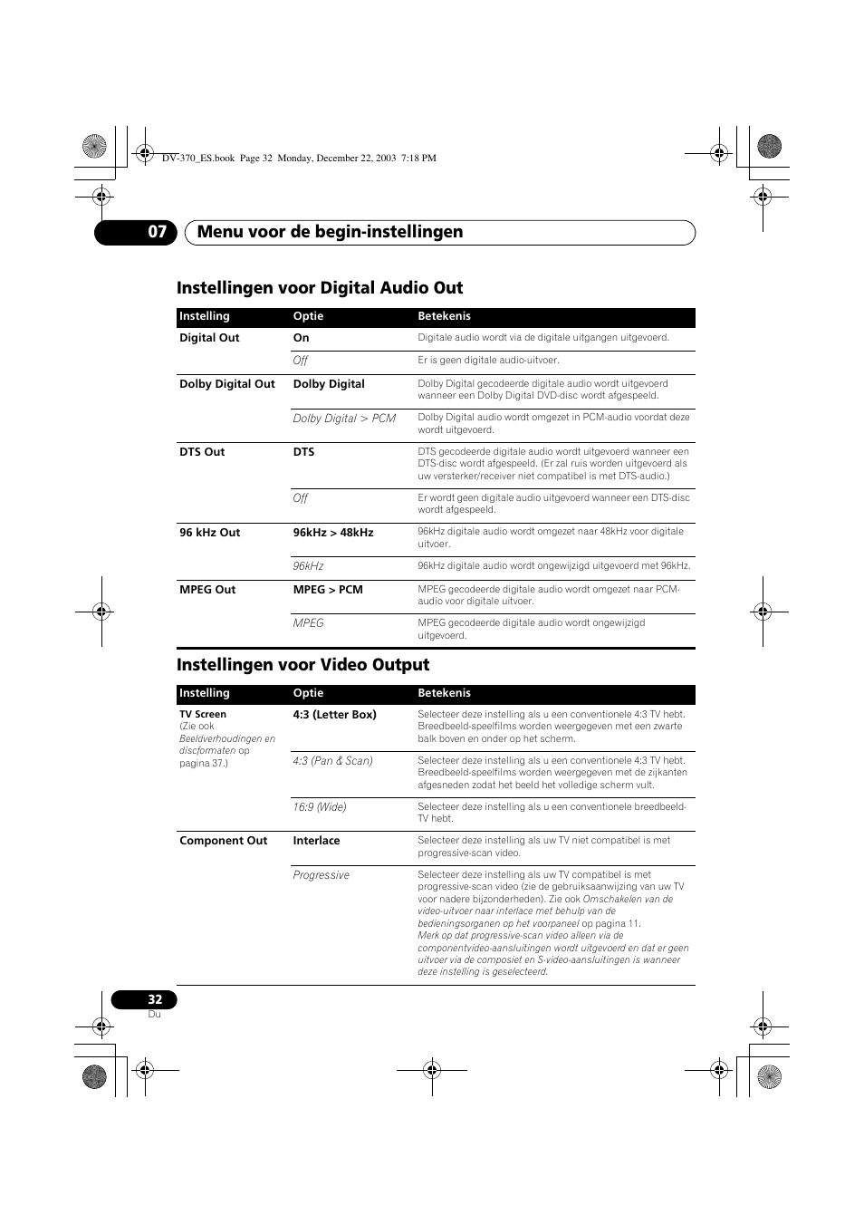 Instellingen voor digital audio out, Instellingen voor video output, Menu voor de begin-instellingen 07 | Pioneer DV-370-S User Manual | Page 74 / 86