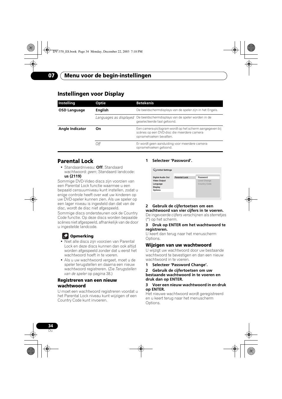 Instellingen voor display, Parental lock, Menu voor de begin-instellingen 07 | Instellingen voor display parental lock | Pioneer DV-370-S User Manual | Page 76 / 86