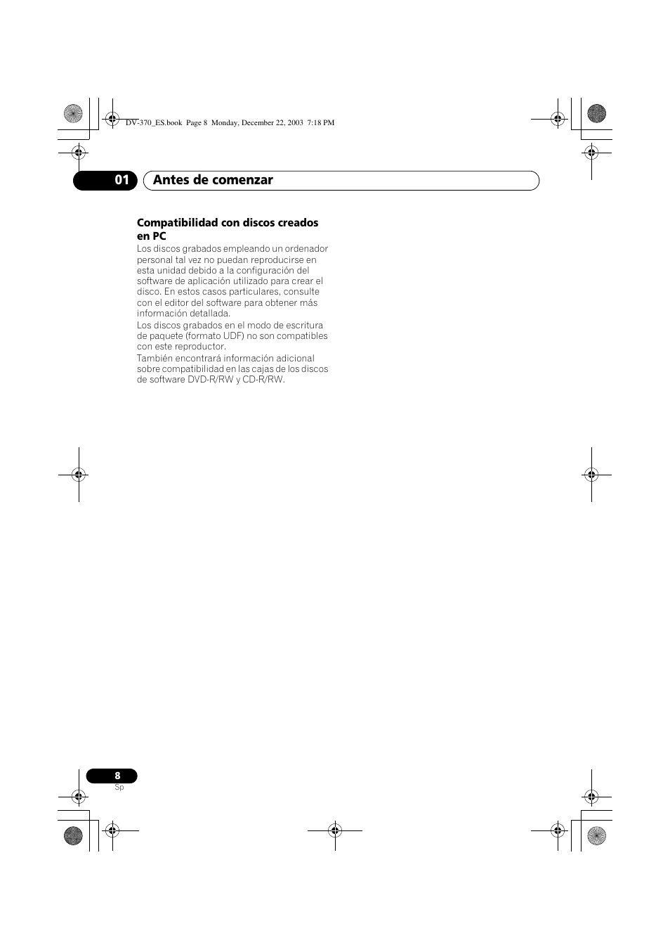 Antes de comenzar 01 | Pioneer DV-370-S User Manual | Page 8 / 86