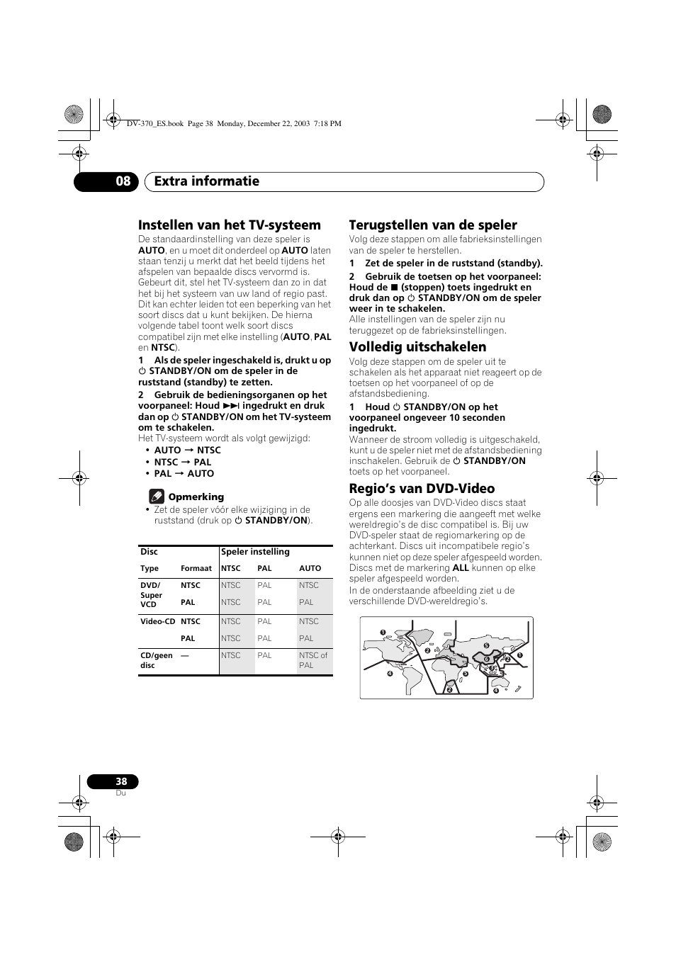 Instellen van het tv-systeem, Terugstellen van de speler, Volledig uitschakelen | Regio’s van dvd-video, Extra informatie 08 | Pioneer DV-370-S User Manual | Page 80 / 86