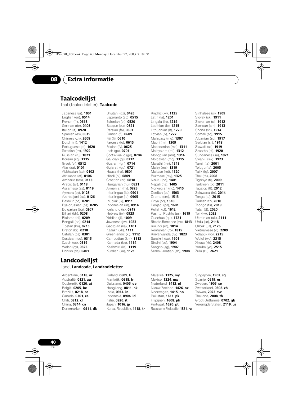 Taalcodelijst, Landcodelijst, Extra informatie 08 | Pioneer DV-370-S User Manual | Page 82 / 86