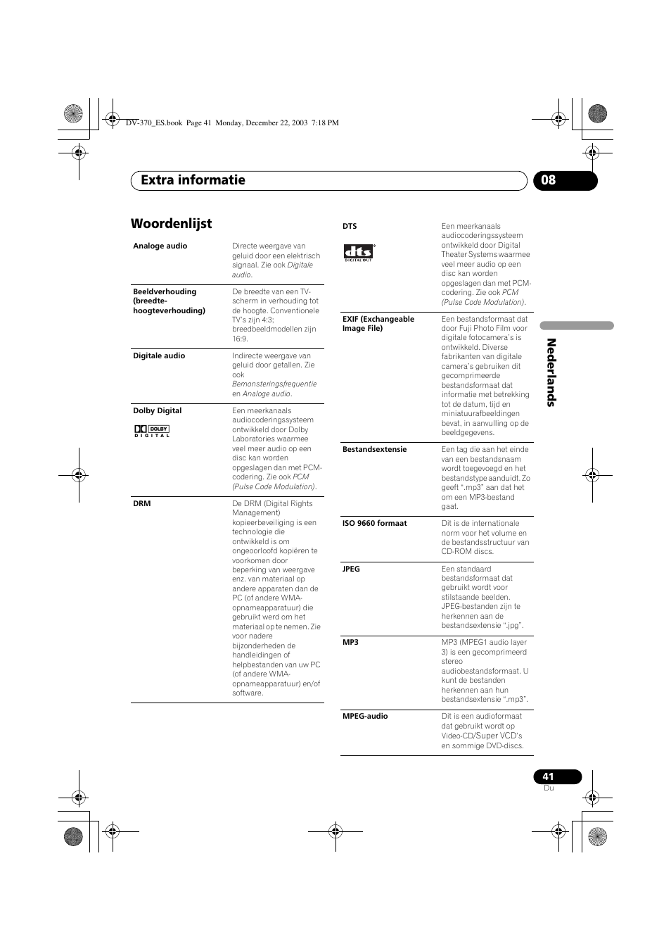 Woordenlijst, Extra informatie 08, Nede rlands | Pioneer DV-370-S User Manual | Page 83 / 86