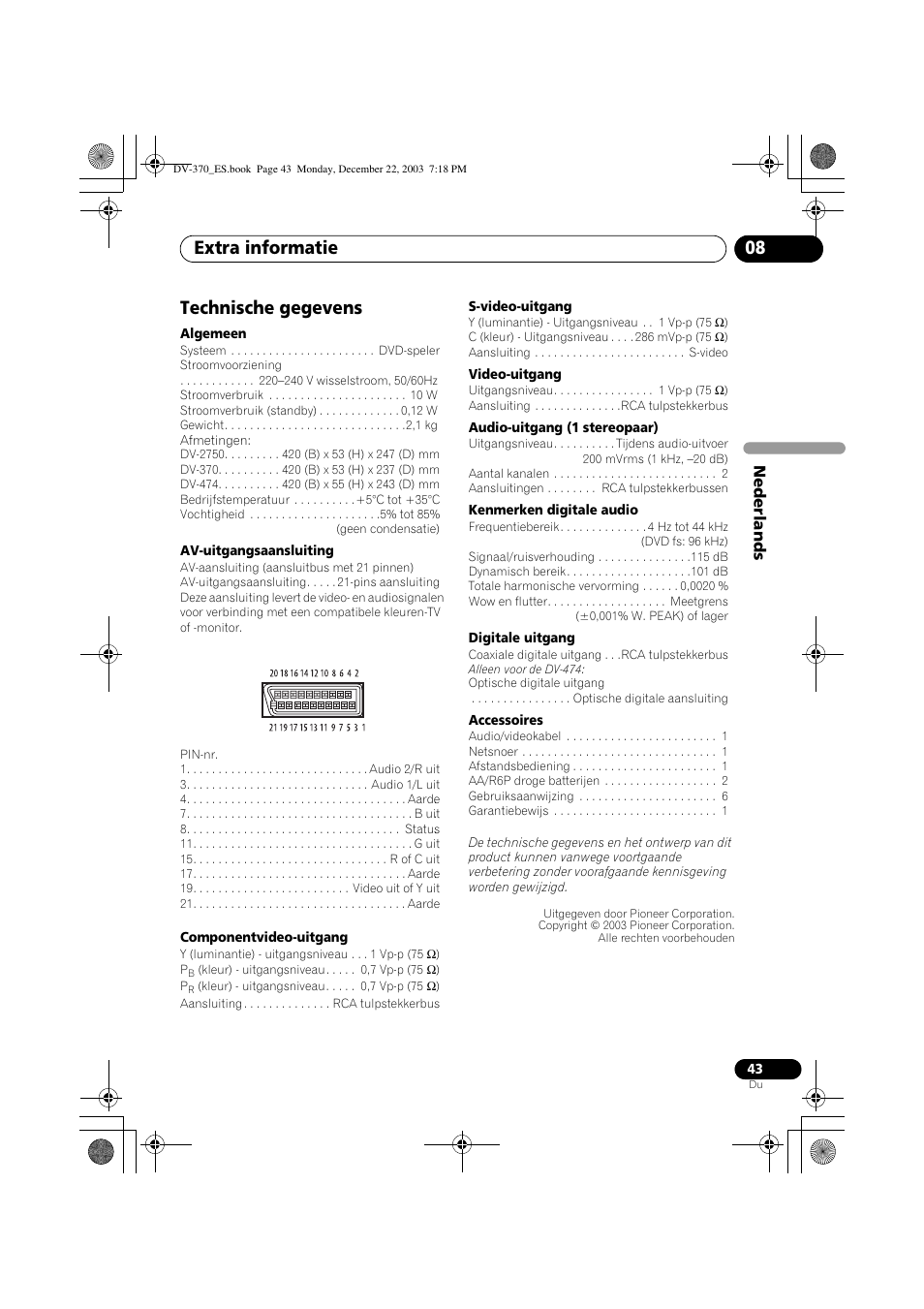 Technische gegevens, Extra informatie 08 | Pioneer DV-370-S User Manual | Page 85 / 86