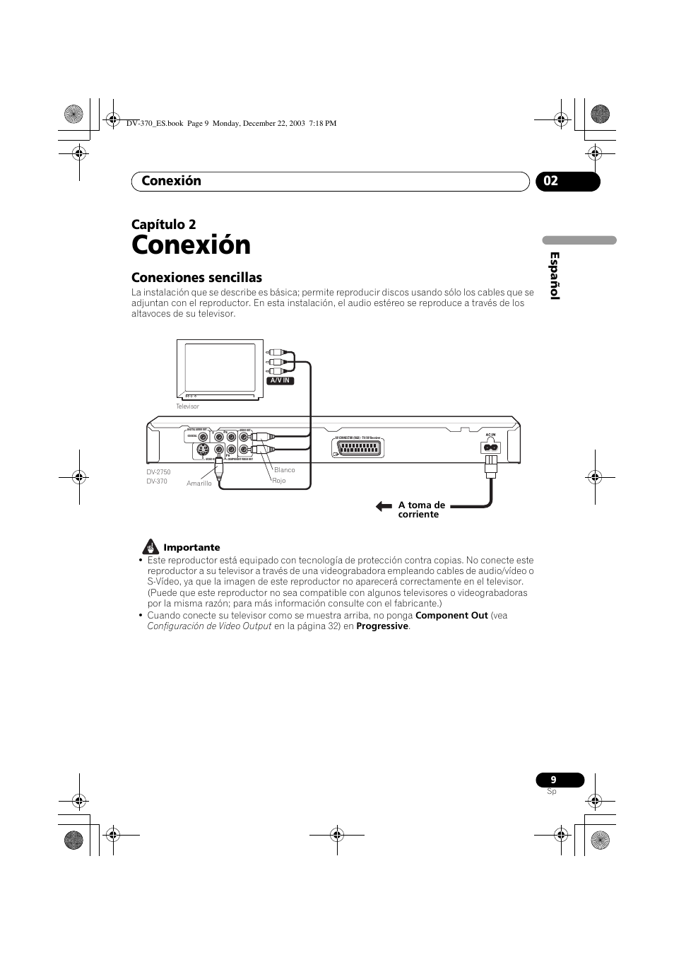 02 conexión, Conexiones sencillas, Conexión | Conexión 02, Capítulo 2, Espa ñol | Pioneer DV-370-S User Manual | Page 9 / 86
