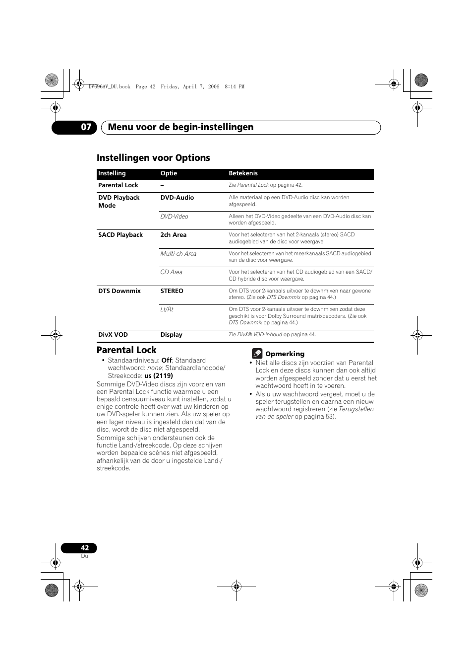 Instellingen voor options, Parental lock, Menu voor de begin-instellingen 07 | Instellingen voor options parental lock | Pioneer DV-696AV-S User Manual | Page 104 / 126
