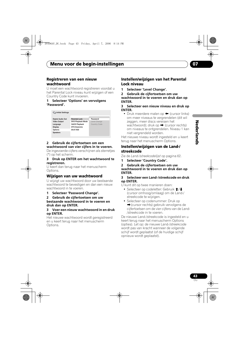 Menu voor de begin-instellingen 07, Nede rlands | Pioneer DV-696AV-S User Manual | Page 105 / 126