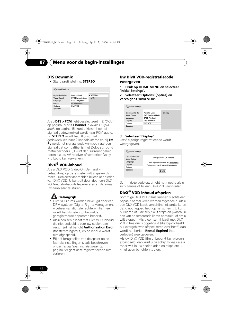 Menu voor de begin-instellingen 07, Dts downmix, Divx | Vod-inhoud, Uw divx vod-registratiecode weergeven, Vod-inhoud afspelen | Pioneer DV-696AV-S User Manual | Page 106 / 126