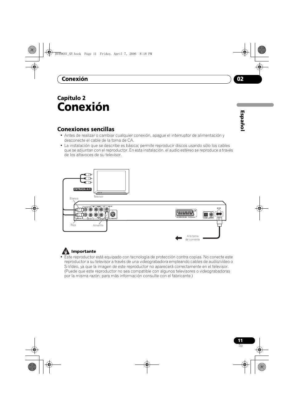 02 conexión, Conexiones sencillas, Conexión | Conexión 02, Capítulo 2, Español | Pioneer DV-696AV-S User Manual | Page 11 / 126