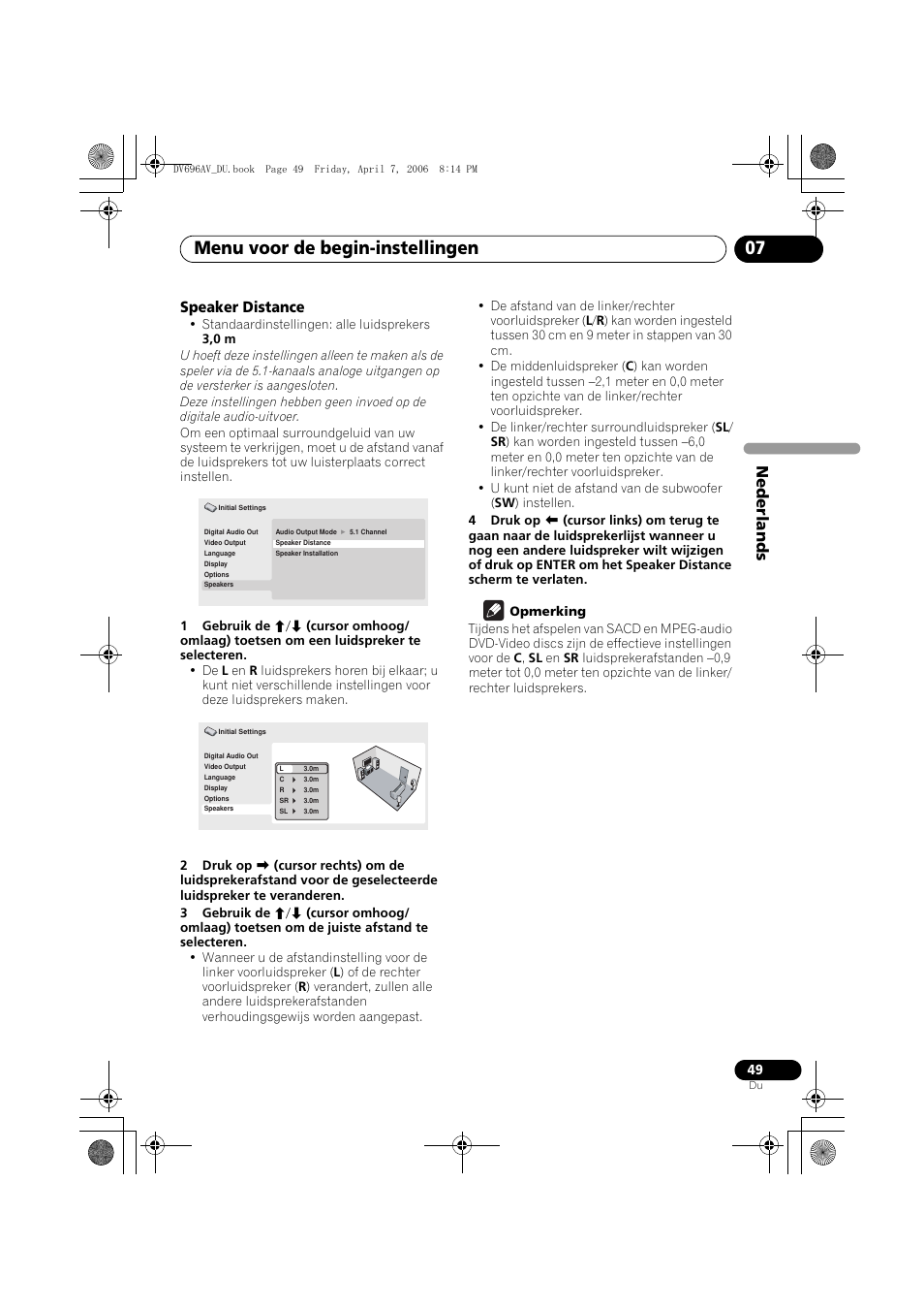 Menu voor de begin-instellingen 07, Nede rlands, Speaker distance | Pioneer DV-696AV-S User Manual | Page 111 / 126