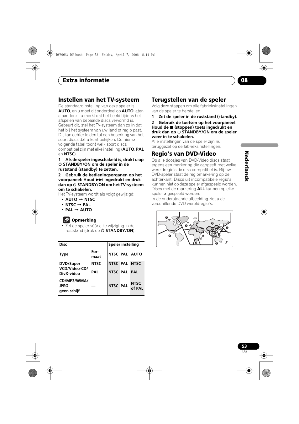Instellen van het tv-systeem, Terugstellen van de speler, Regio’s van dvd-video | Extra informatie 08, Nede rlands | Pioneer DV-696AV-S User Manual | Page 115 / 126
