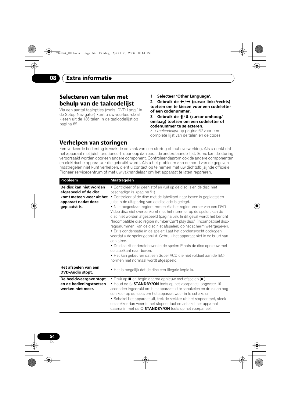 Verhelpen van storingen, Extra informatie 08 | Pioneer DV-696AV-S User Manual | Page 116 / 126