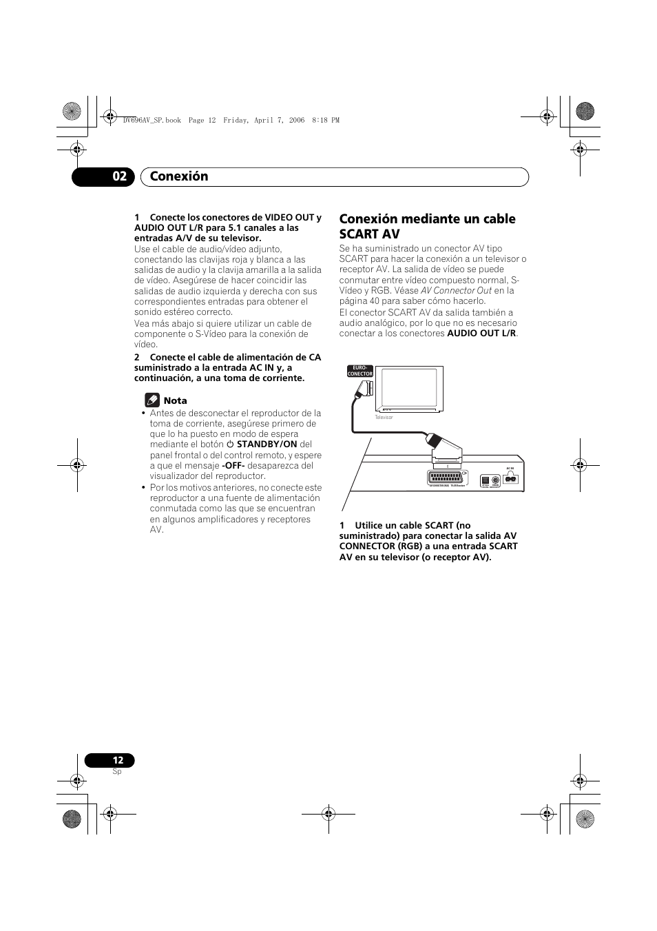 Conexión mediante un cable scart av, Conexión 02 | Pioneer DV-696AV-S User Manual | Page 12 / 126