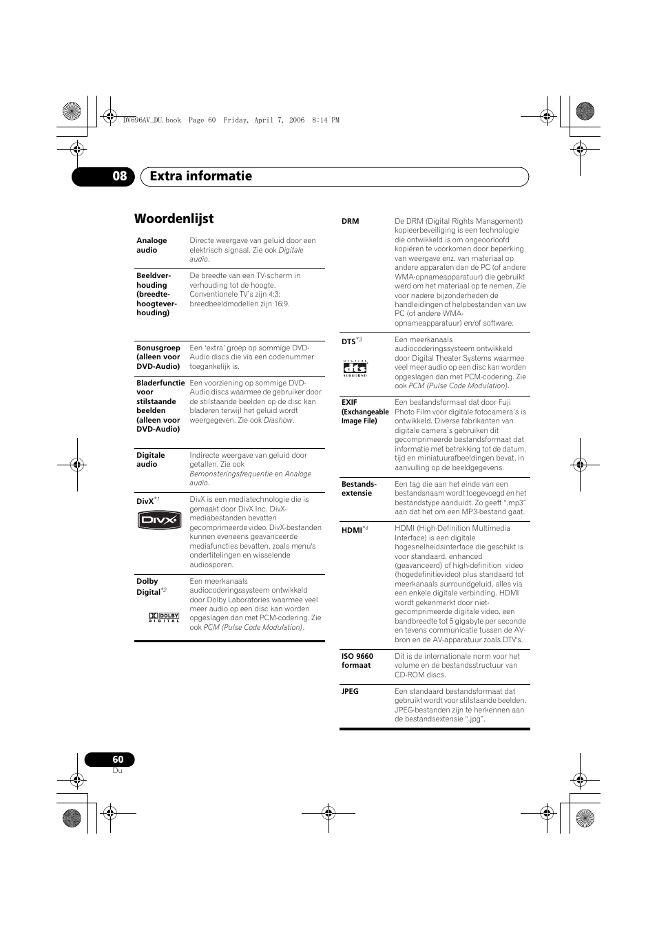 Woordenlijst, Extra informatie 08 | Pioneer DV-696AV-S User Manual | Page 122 / 126