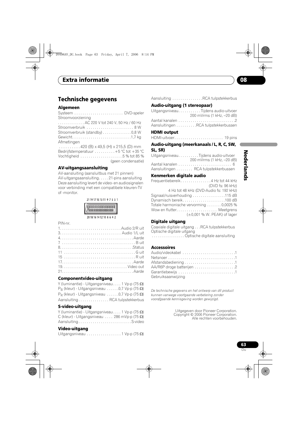 Technische gegevens, Extra informatie 08 | Pioneer DV-696AV-S User Manual | Page 125 / 126