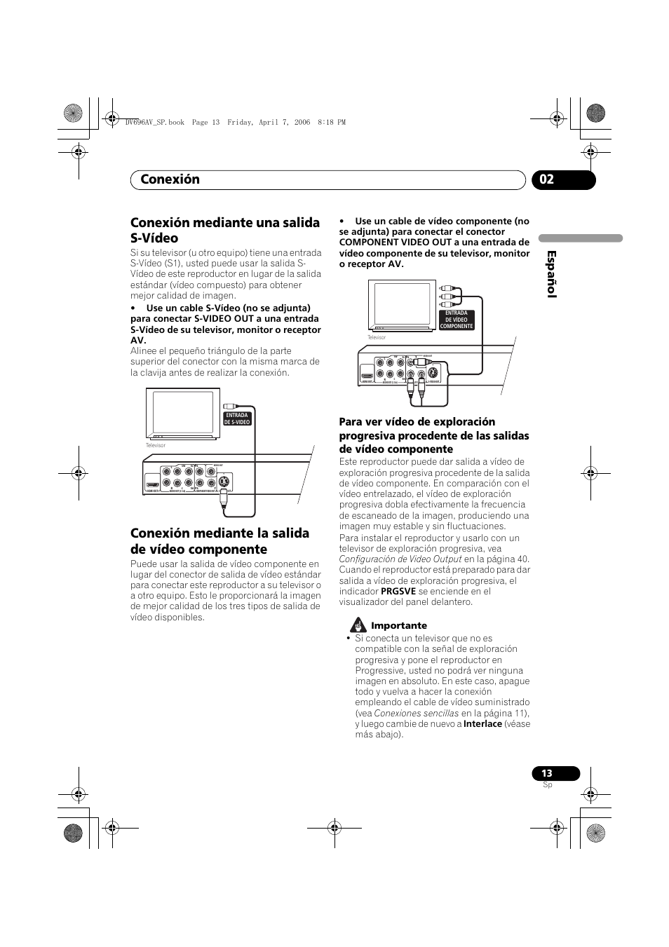 Conexión mediante una salida s-vídeo, Conexión mediante la salida de vídeo componente, Conexión 02 | Español | Pioneer DV-696AV-S User Manual | Page 13 / 126