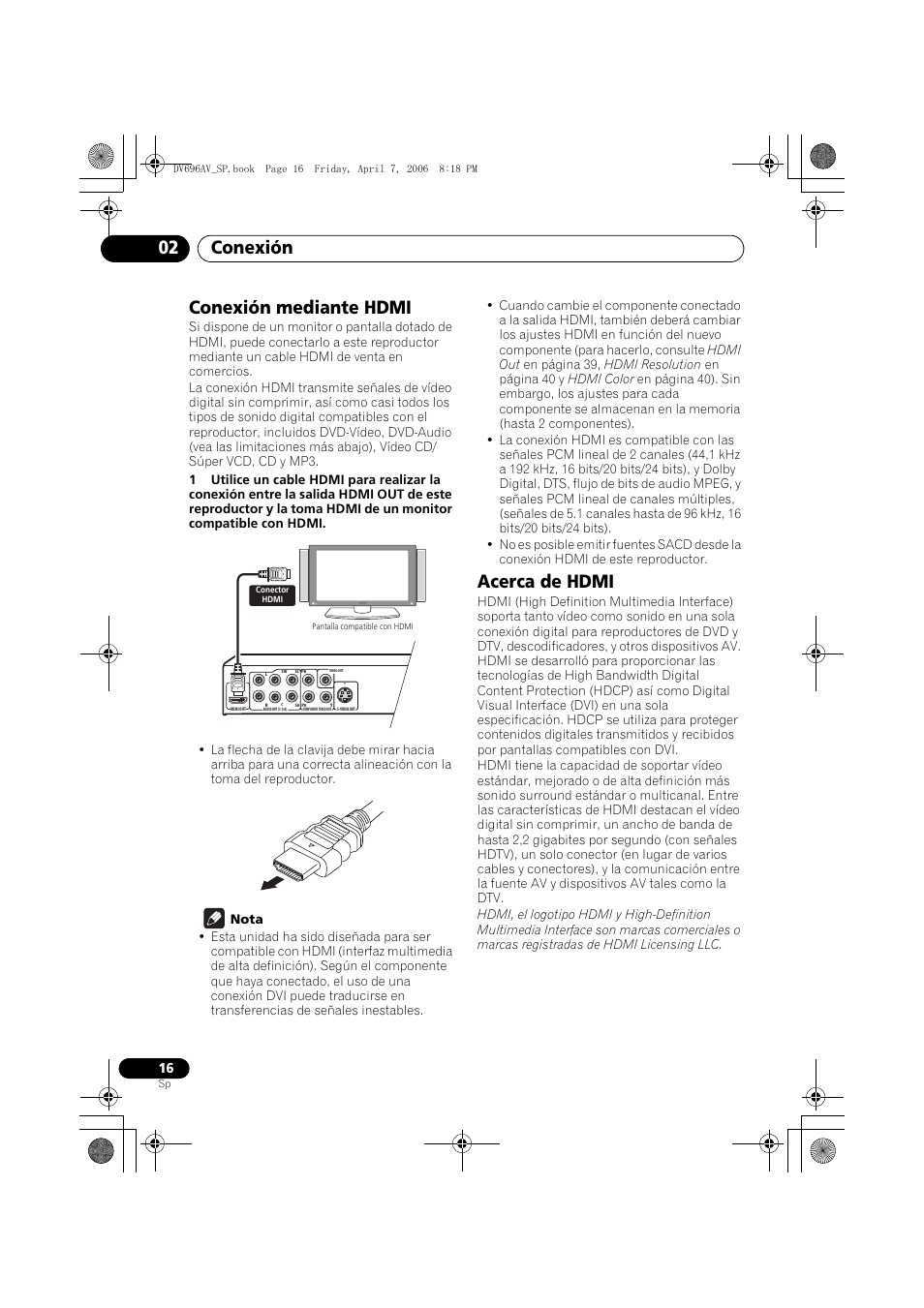 Conexión mediante hdmi, Acerca de hdmi, Conexión 02 | Pioneer DV-696AV-S User Manual | Page 16 / 126