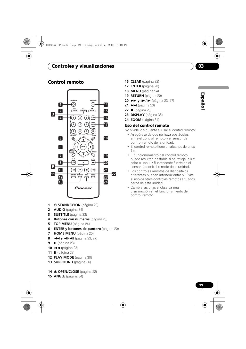 Control remoto, Controles y visualizaciones 03, Español | Pioneer DV-696AV-S User Manual | Page 19 / 126