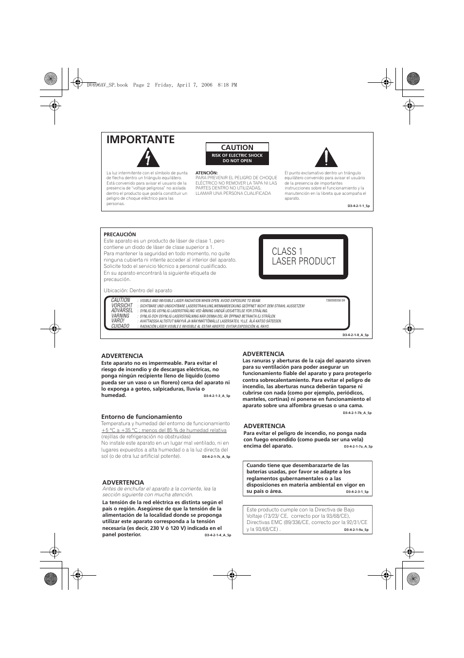 Importante, Class 1 laser product, Caution | Pioneer DV-696AV-S User Manual | Page 2 / 126