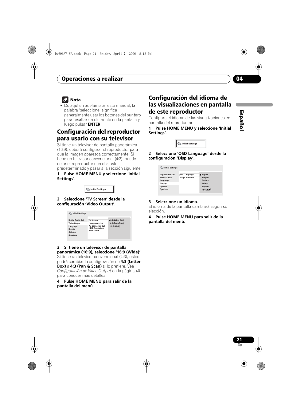 Operaciones a realizar 04, Español | Pioneer DV-696AV-S User Manual | Page 21 / 126